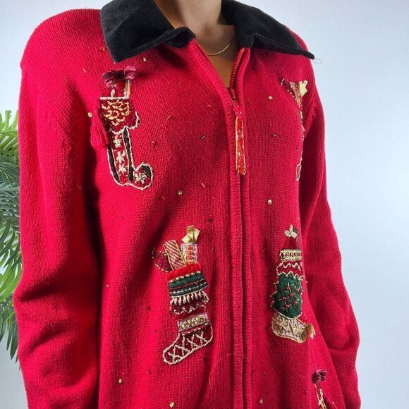 Vintage 90s Red Holiday Grandma Ugly Christmas Sweater Oversized Jacket / Small - Picture 5 of 7